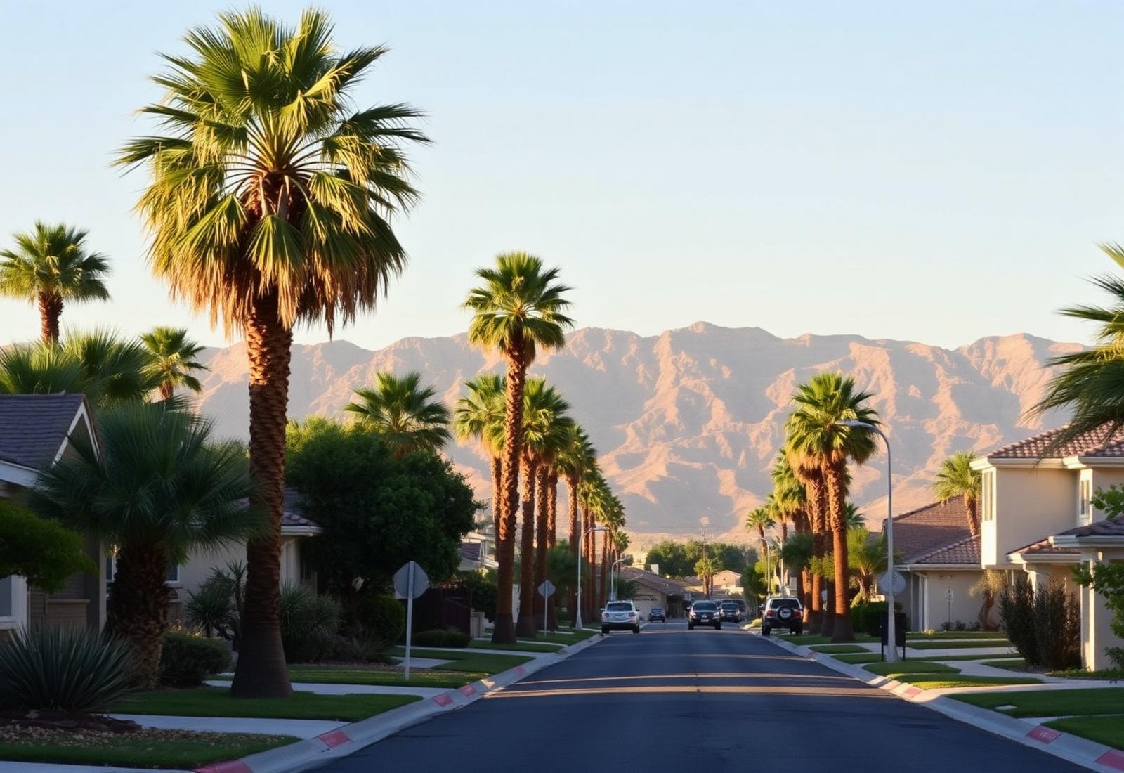 Quiet Cathedral City street lined with palm trees, San Jacinto Mountains in the distance