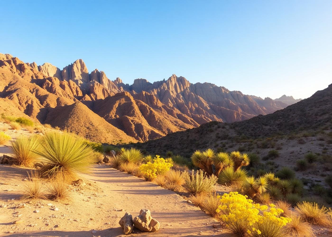 Rocky San Jacinto Mountain trail with desert wildflowers near the Coachella Valley