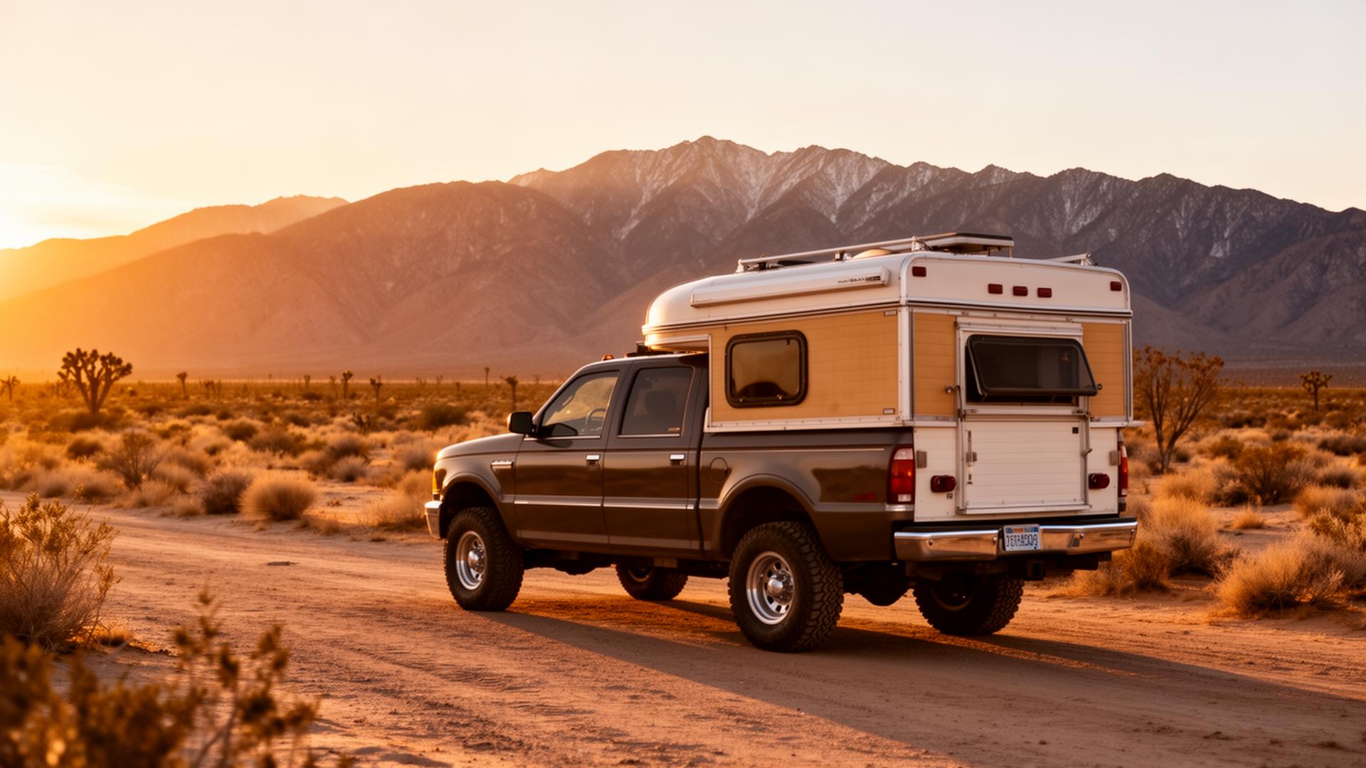 Truck with camper parked in the desert at golden hour with mountains in the distance
